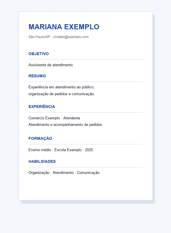 Prévia ilustrativa de um currículo com objetivo, resumo, experiência, formação e habilidades